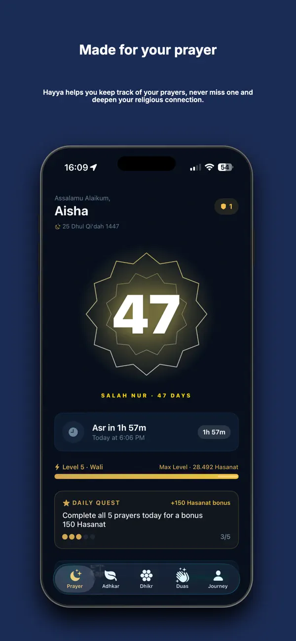Hayya app home screen with Hijri date and prayer countdown for Suhoor and Iftar timing