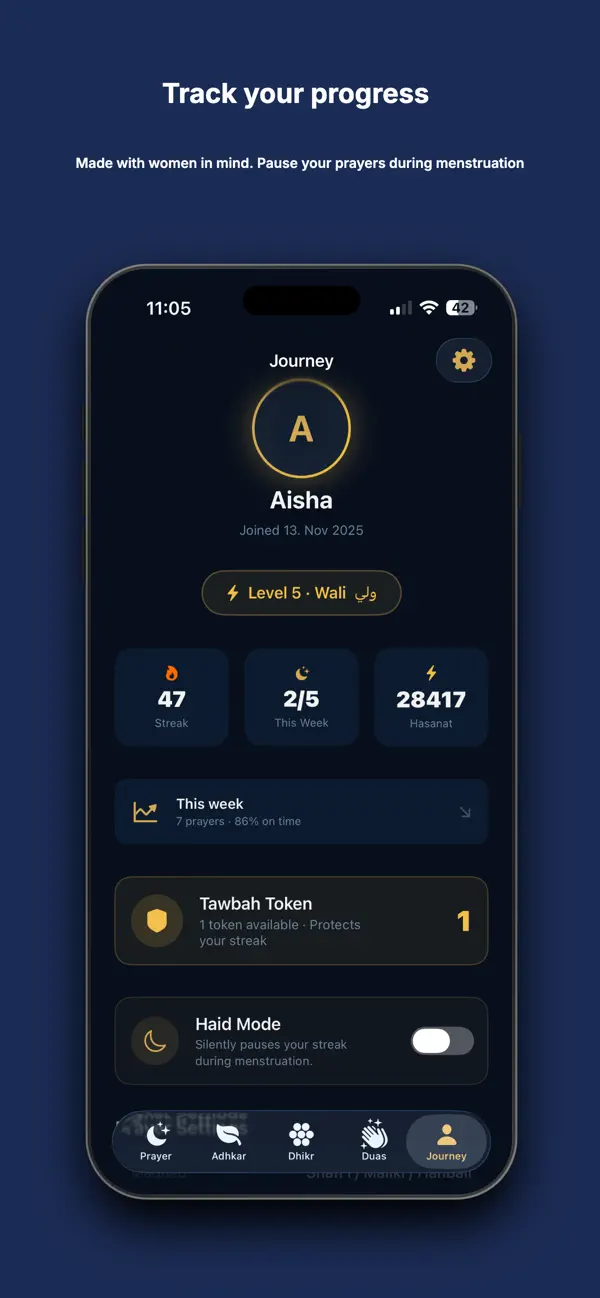 Hayya progress screen with Haid Mode toggle — made with women in mind