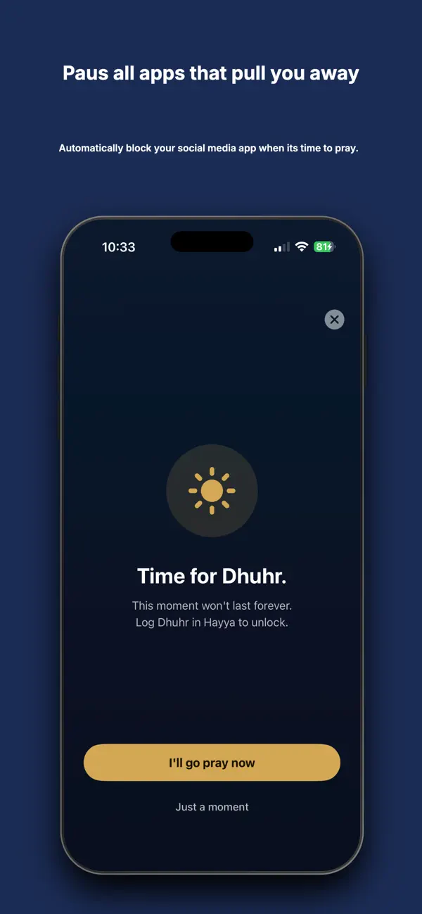 Salah Lock screen on iPhone: Time for Dhuhr — log your prayer in Hayya to unlock apps