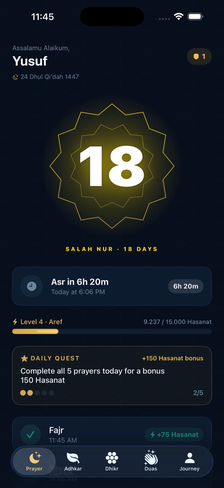 Hayya home screen — Assalamu Alaikum greeting, an 18-day Salah Nur streak, the next-prayer countdown, and today's five prayers ready to log