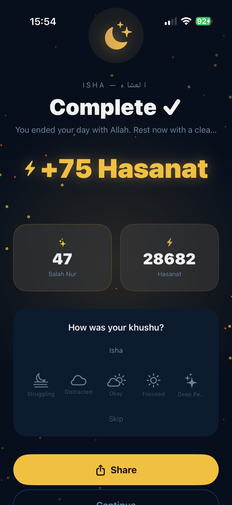 Hayya prayer-complete screen — Isha marked complete with +75 Hasanat earned and a gentle 'How was your khushu?' reflection prompt