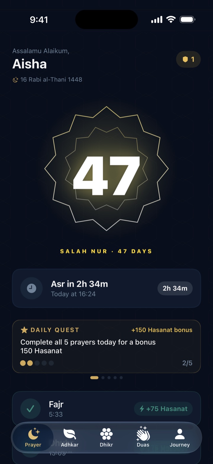 Hayya home screen: a 47-day Salah Nur streak inside an eight-point star, the time until Asr, and today's prayers ready to log