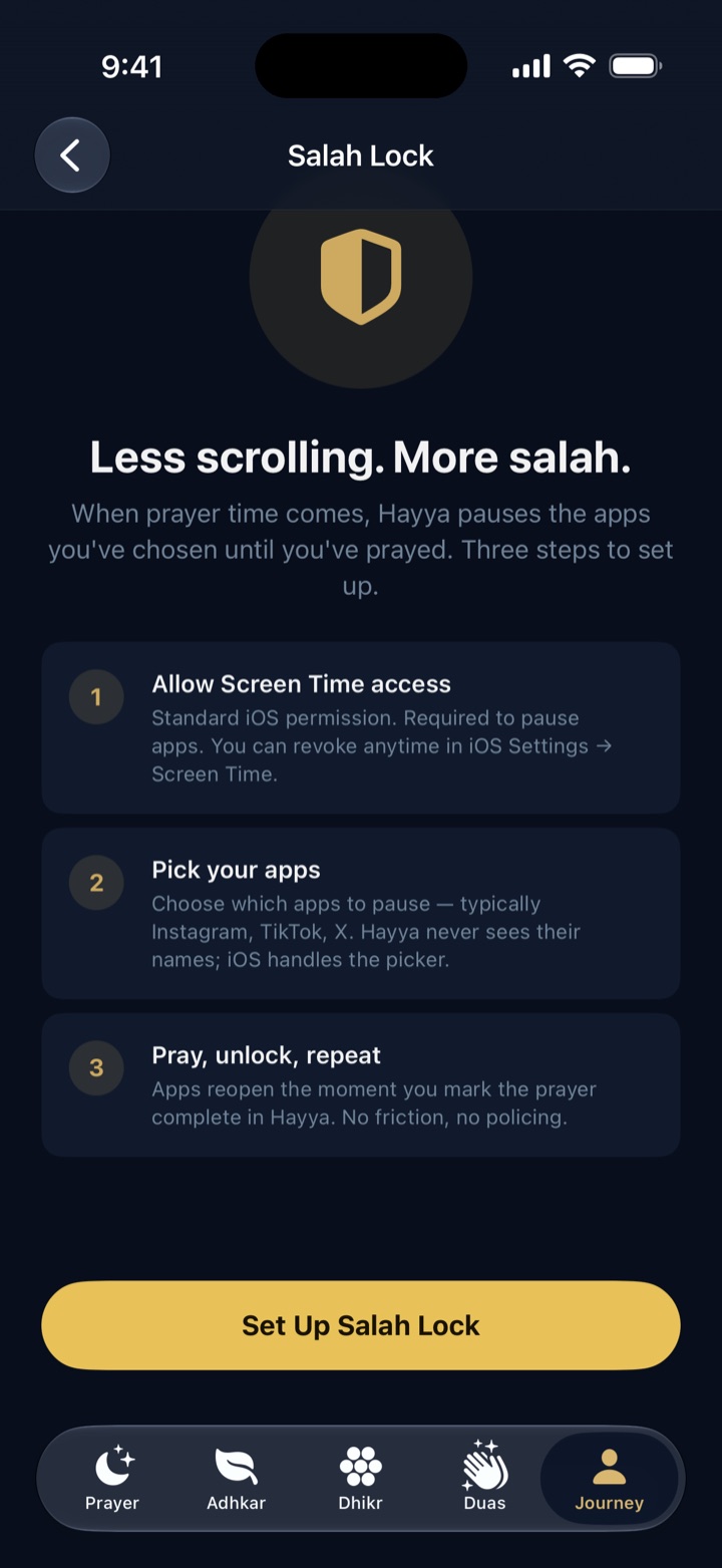 Salah Lock setup screen: Less scrolling. More salah. Three steps to set up.