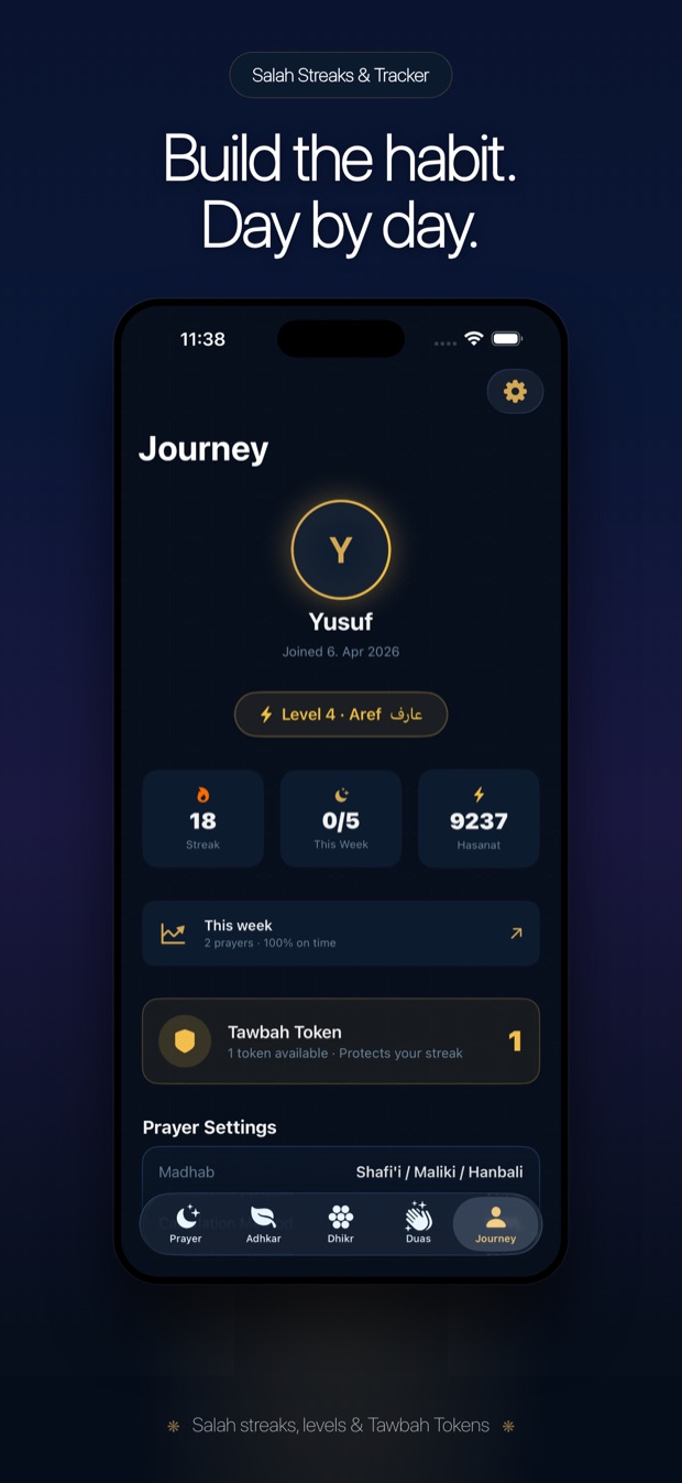 Journey screen showing streak, level and Tawbah Tokens