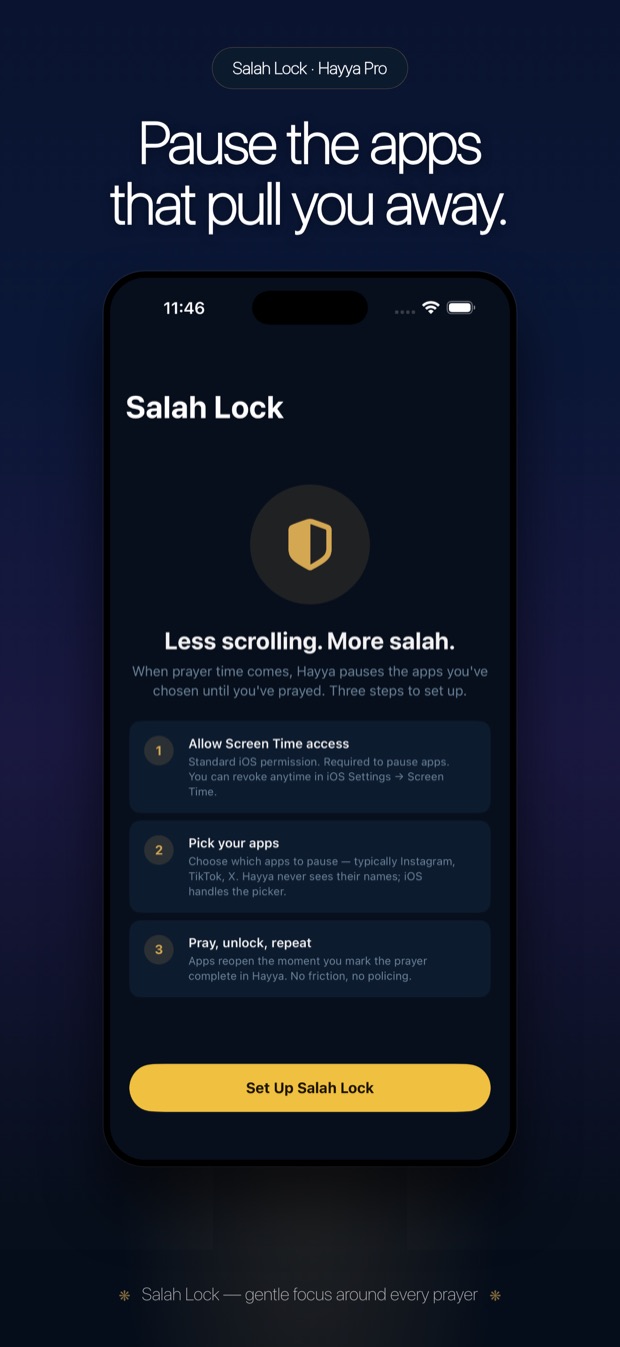 Salah Lock setup screen that pauses distracting apps at prayer time