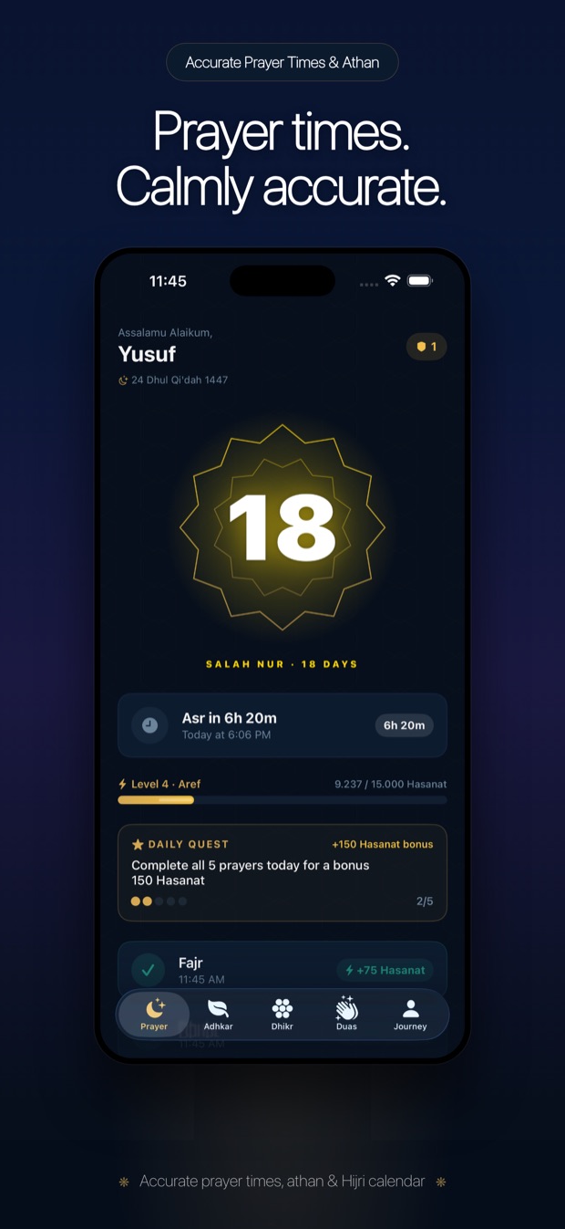 Hayya prayer times and home dashboard with the Salah Nur streak