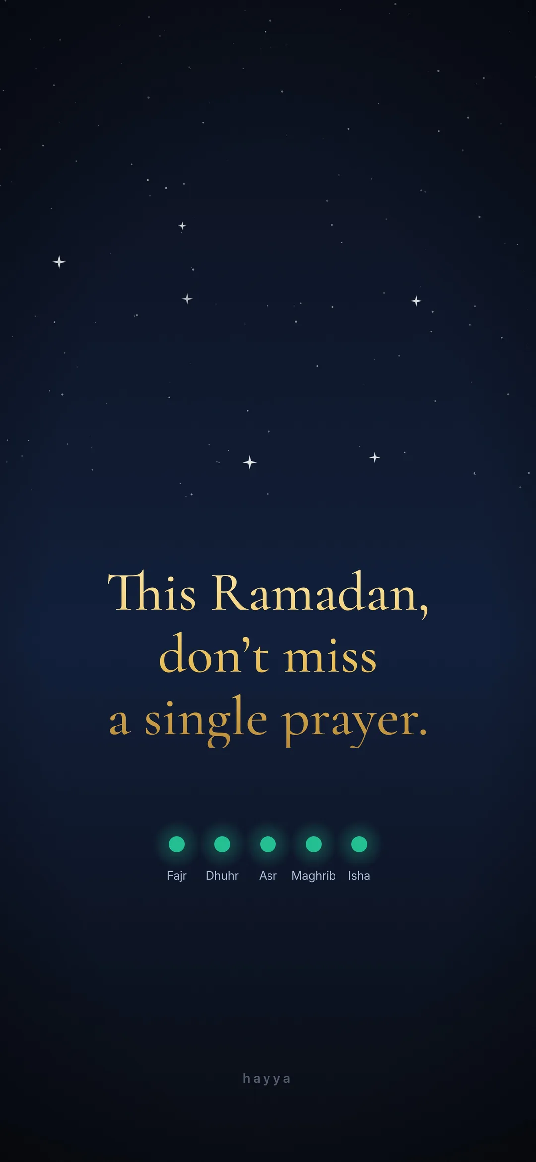 Ramadan lock screen reminder: 'This Ramadan, don't miss a single prayer' with five prayer dots