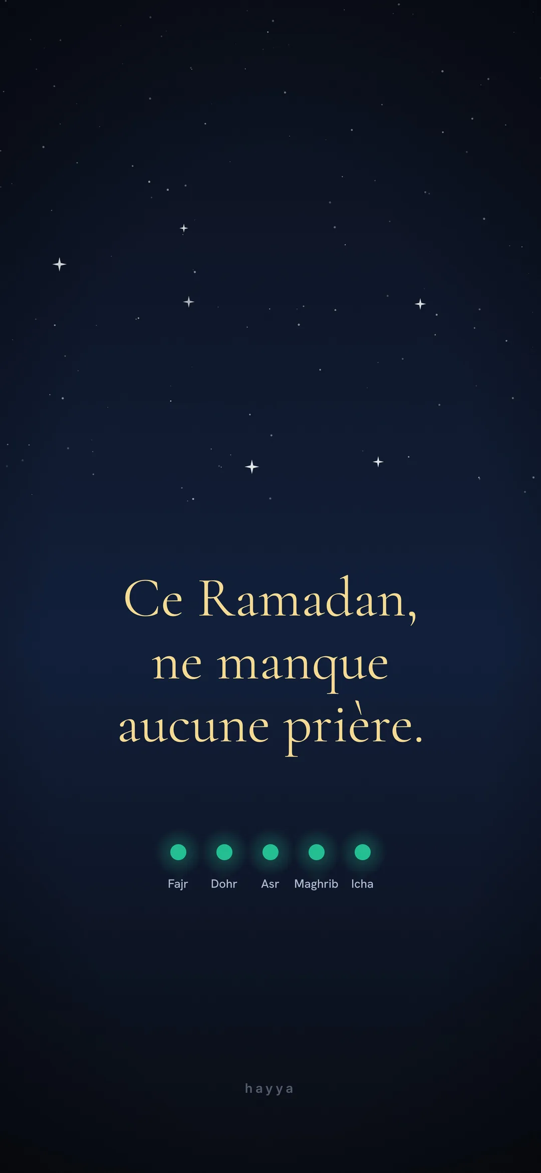 Rappel pour l’écran de verrouillage : « Ce Ramadan, ne manque aucune prière », avec cinq points pour les cinq prières
