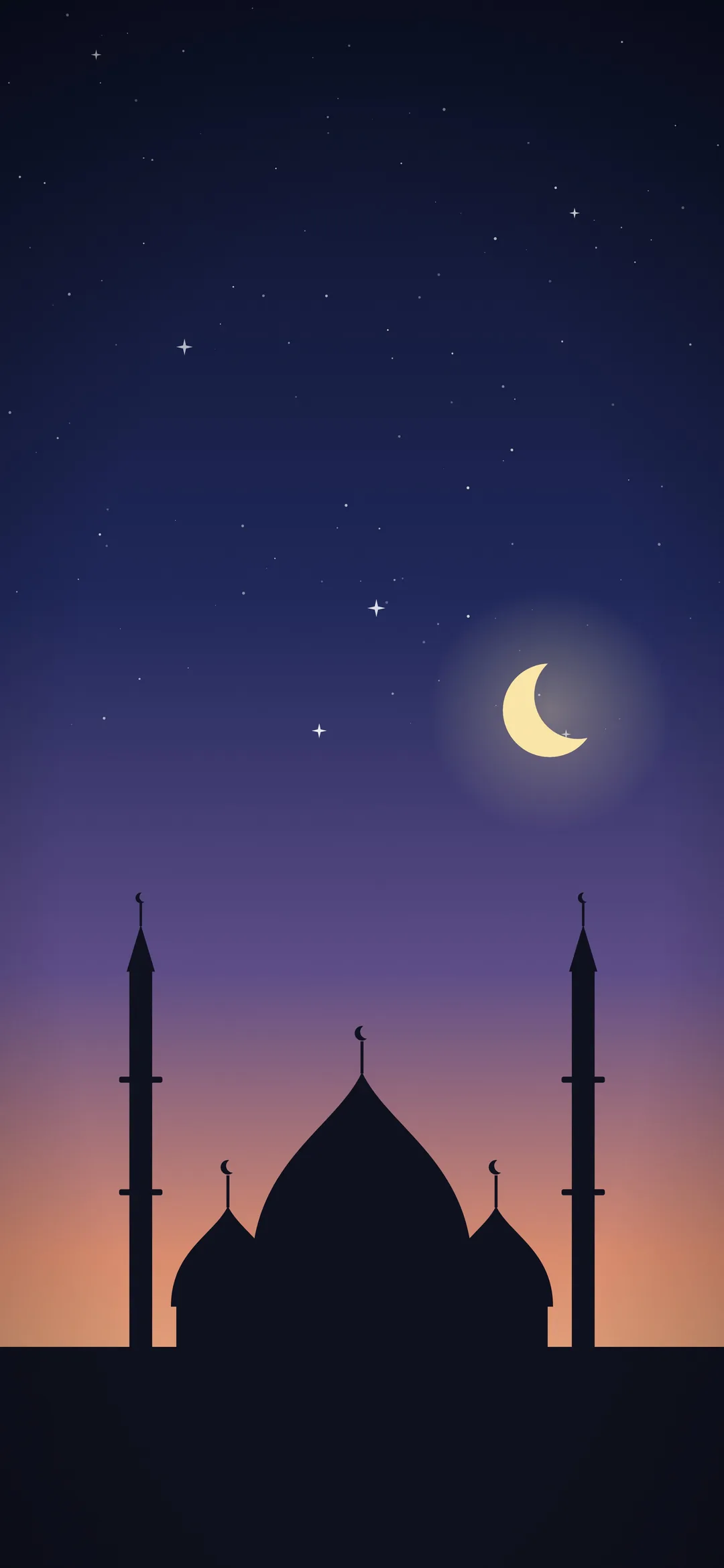 Silhouette de mosquée à l’aube du Fajr avec un dégradé de lever de soleil, fond d’écran Ramadan pour iPhone