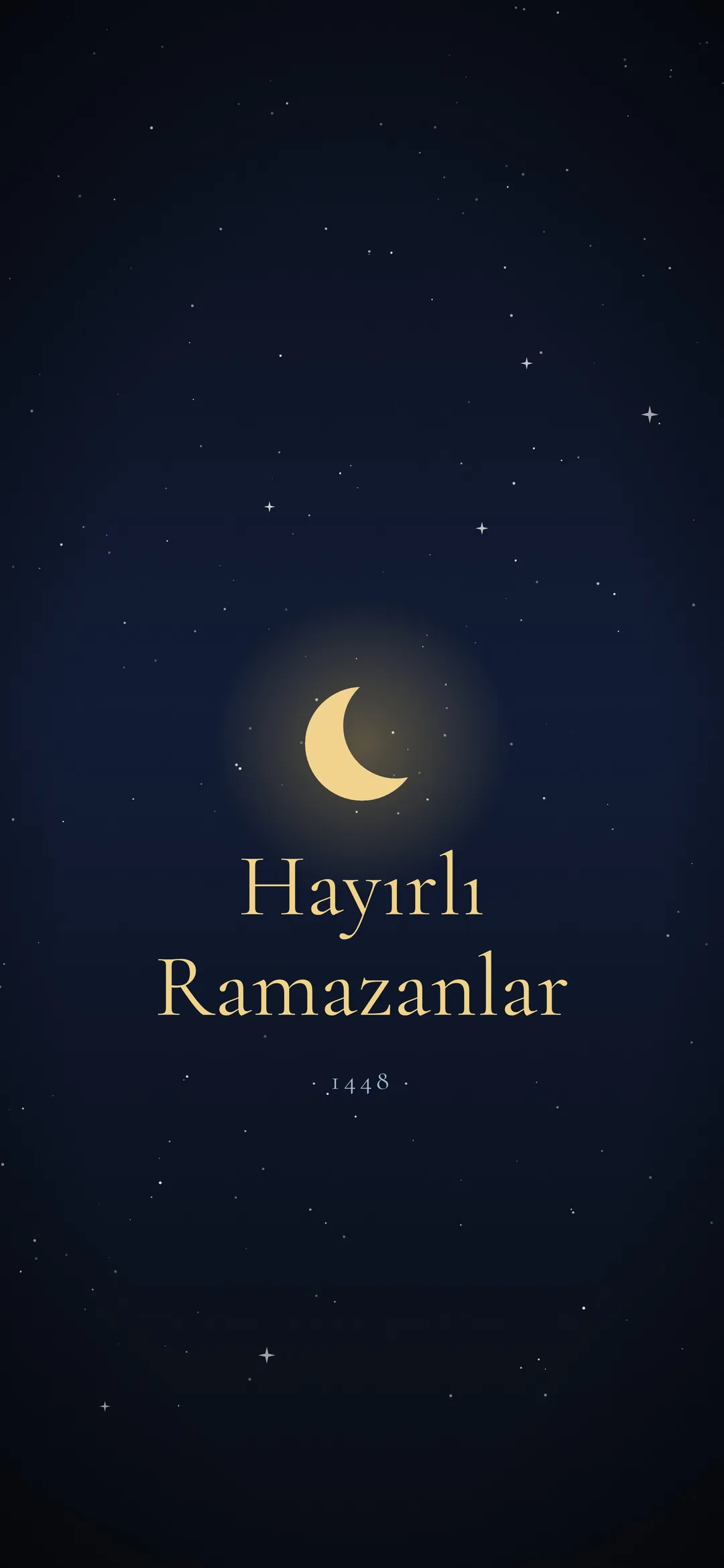 Hilalin altında altın harflerle Hayırlı Ramazanlar ve 1448, Türkçe iPhone duvar kağıdı