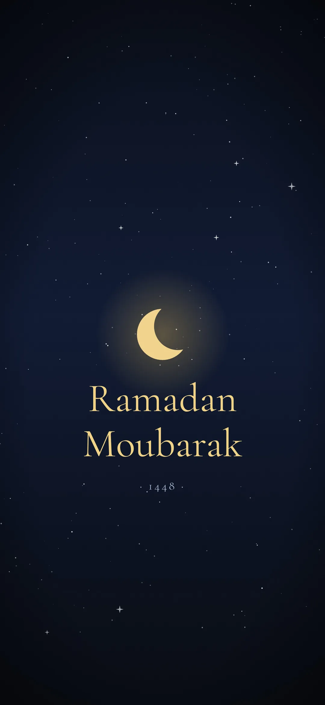 Ramadan Moubarak 1448 en lettres dorées sous un croissant de lune, fond d’écran iPhone en français