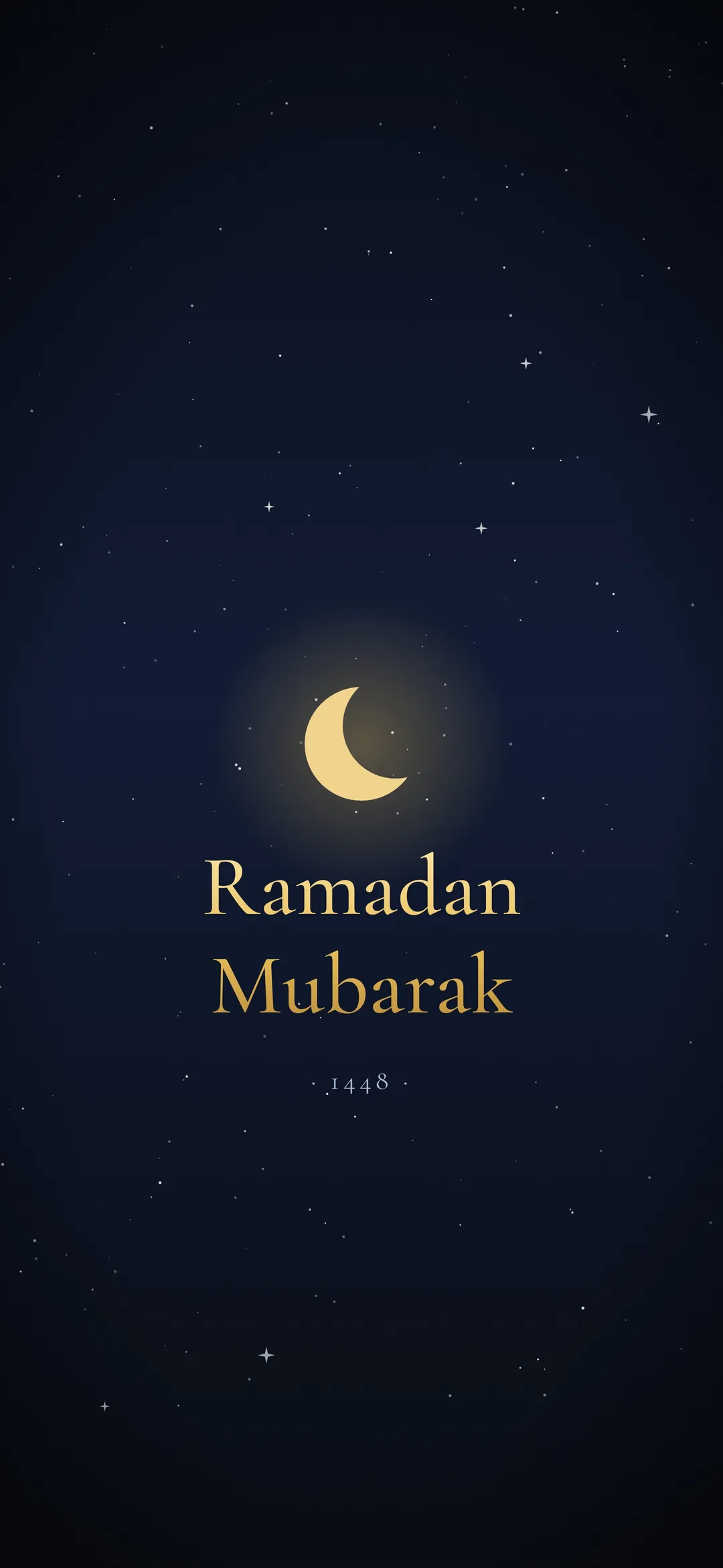 Ramadan Mubarak 1448 in elegant English serif lettering on navy, iPhone lock screen 2027