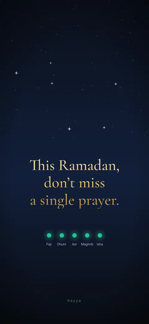 Ramadan lock screen reminder: 'This Ramadan, don't miss a single prayer' with five prayer dots