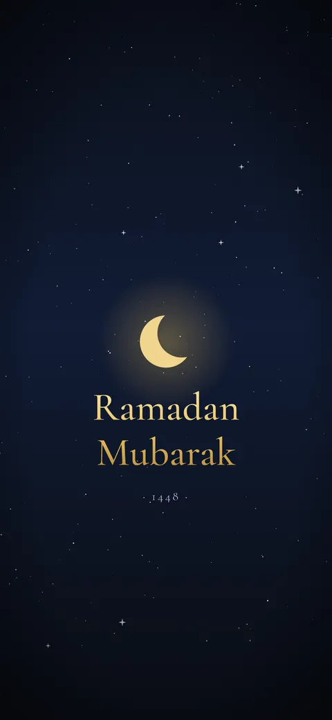 Ramadan Mubarak 1448 in elegant English serif lettering on navy, iPhone lock screen 2027